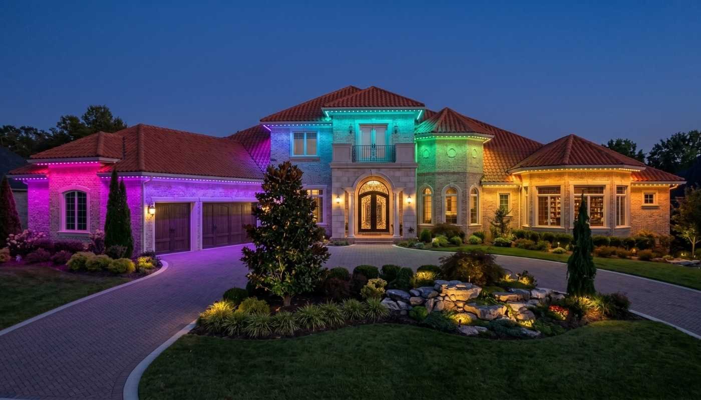 Home exterior after outdoor lighting